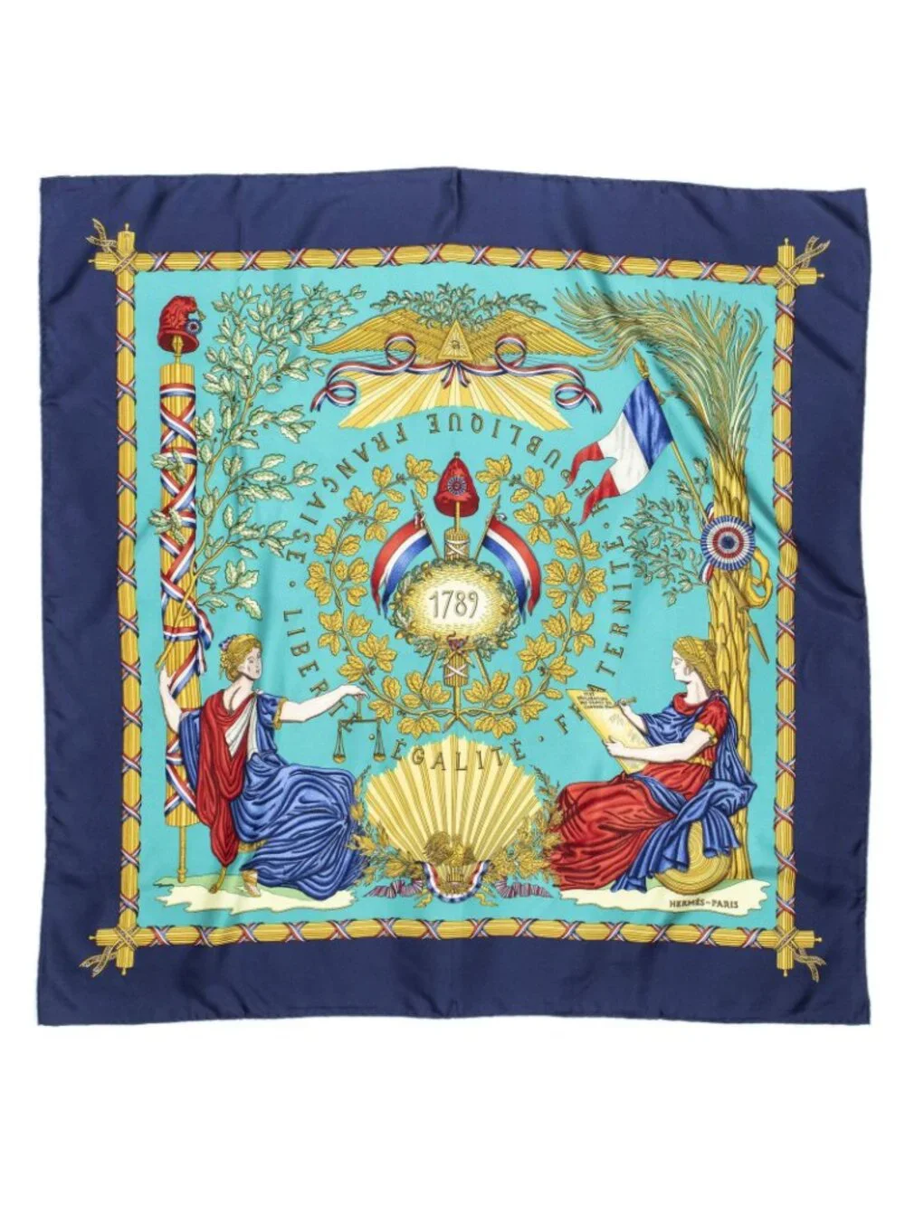 Hermes Scarf Navy Teal 100% Gold Twill Silk - Picture 2 of 5